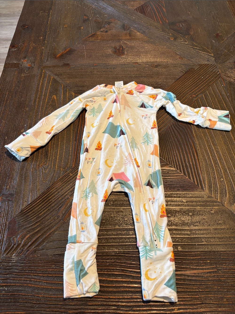 Giggle Moon Cream Camping-Print One-Piece Footie Pajamas